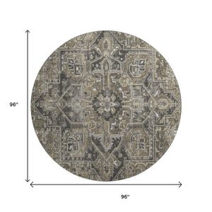 HomeRoots 8' Elegant Taupe Ivory Gray Oriental Washable Round Rug with UV Protection for Active Homes 649729
