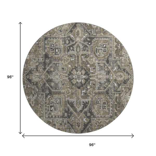HomeRoots 8' Elegant Taupe Ivory Gray Oriental Washable Round Rug with UV Protection for Active Homes 649729