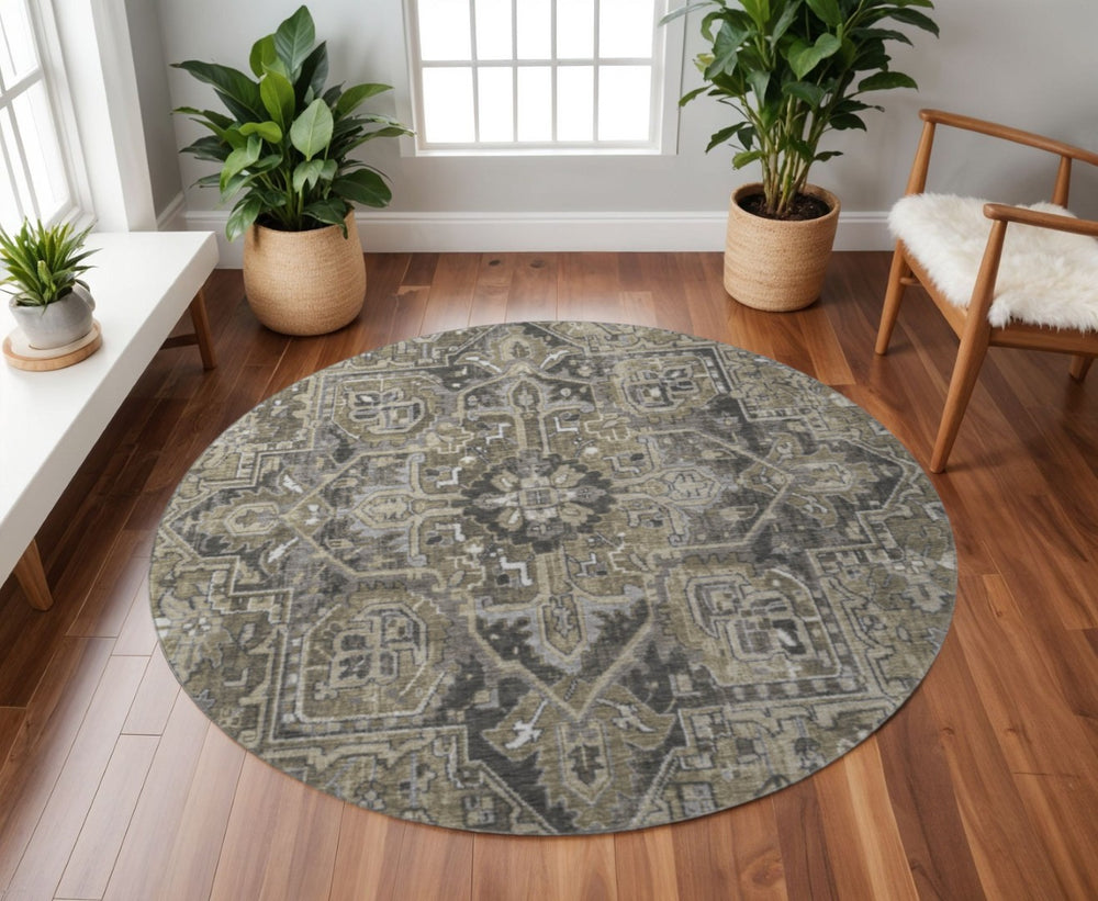 HomeRoots 8' Elegant Taupe Ivory Gray Oriental Washable Round Rug with UV Protection for Active Homes 649729