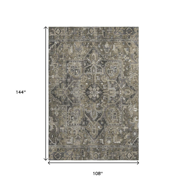 HomeRoots 9' X 12' Elegant Taupe Ivory Gray Oriental Area Rug - Washable, UV Protected, Perfect for Homes! 649731