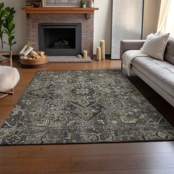 HomeRoots 9' X 12' Elegant Taupe Ivory Gray Oriental Area Rug - Washable, UV Protected, Perfect for Homes! 649731
