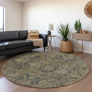 HomeRoots 8' Chocolate and Gray Oriental Washable Round Rug - Durable, Stylish, Stain-Resistant with UV Protection 649735
