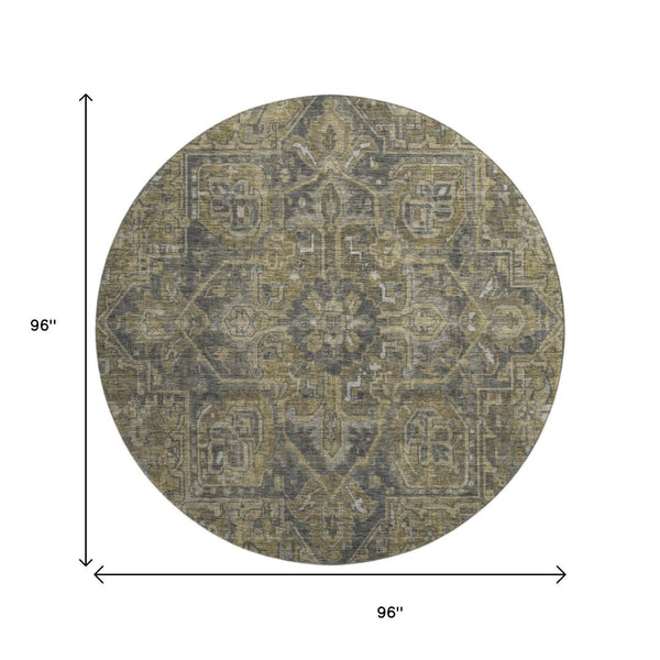 HomeRoots 8' Chocolate and Gray Oriental Washable Round Rug - Durable, Stylish, Stain-Resistant with UV Protection 649735