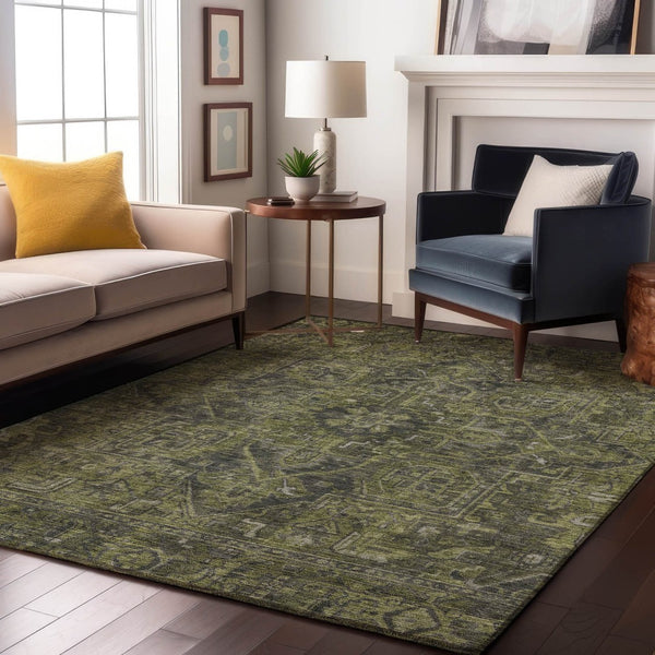 HomeRoots 5' X 8' Green and Gray Oriental Area Rug: Washable, UV Protected, Ideal for High-Traffic Spaces 649740