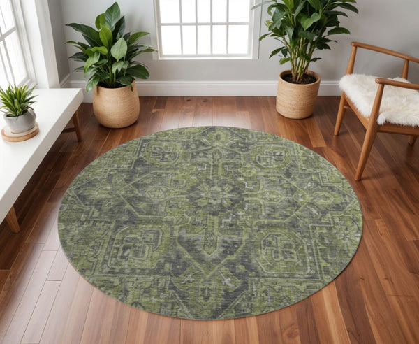 HomeRoots 8' Washable Green and Gray Oriental Round Rug with UV Protection for Stylish Home Décor and Comfort 649741