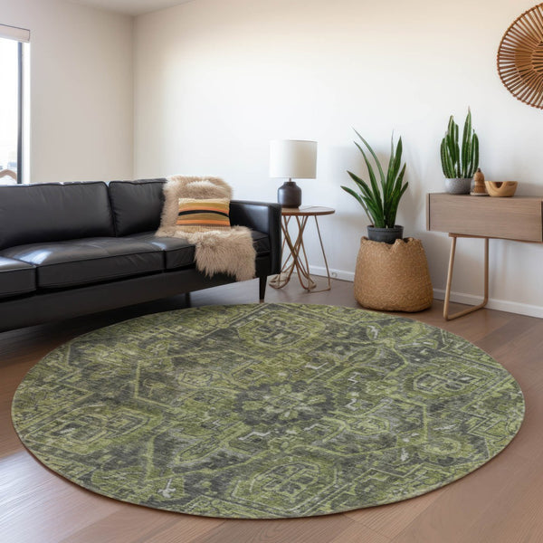 HomeRoots 8' Washable Green and Gray Oriental Round Rug with UV Protection for Stylish Home Décor and Comfort 649741