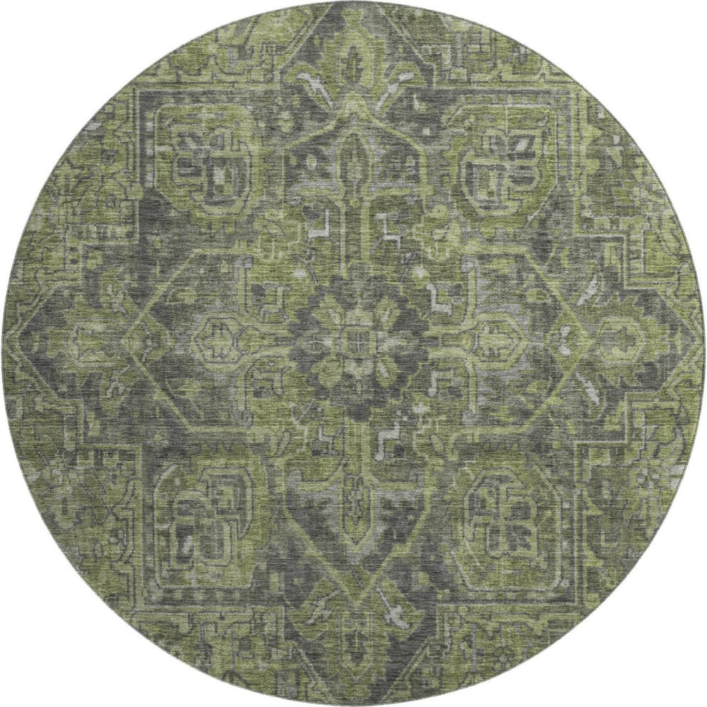 HomeRoots 8' Washable Green and Gray Oriental Round Rug with UV Protection for Stylish Home Décor and Comfort 649741