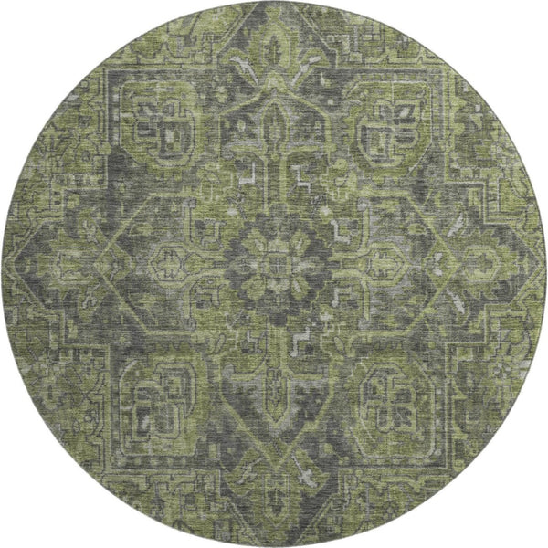 HomeRoots 8' Washable Green and Gray Oriental Round Rug with UV Protection for Stylish Home Décor and Comfort 649741