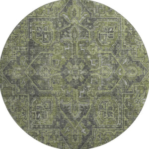 HomeRoots 8' Washable Green and Gray Oriental Round Rug with UV Protection for Stylish Home Décor and Comfort 649741