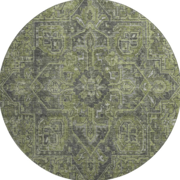 HomeRoots 8' Washable Green and Gray Oriental Round Rug with UV Protection for Stylish Home Décor and Comfort 649741