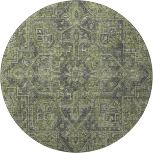 HomeRoots 8' Washable Green and Gray Oriental Round Rug with UV Protection for Stylish Home Décor and Comfort 649741