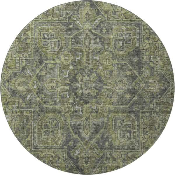 HomeRoots 8' Washable Green and Gray Oriental Round Rug with UV Protection for Stylish Home Décor and Comfort 649741