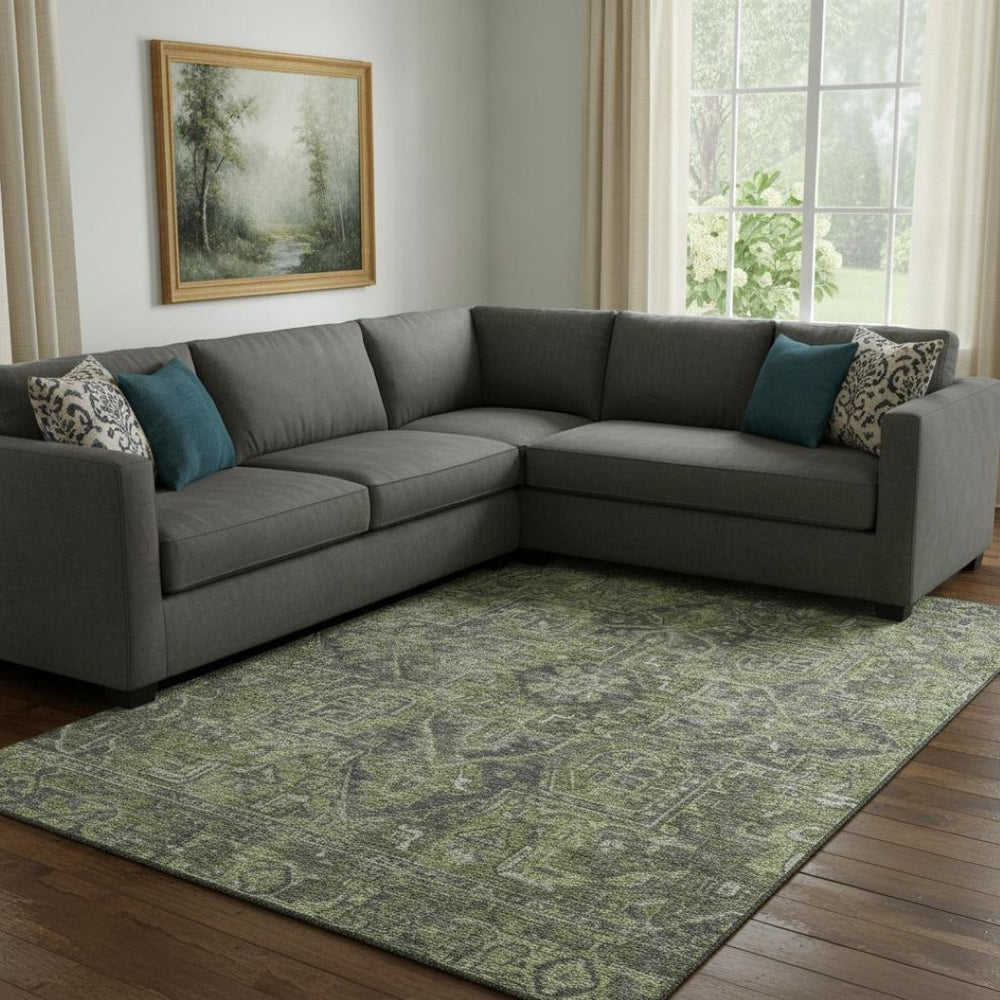 HomeRoots 8' X 10' Green and Gray Oriental Area Rug - Washable, UV Protected, Stain Resistant for Busy Homes 649742