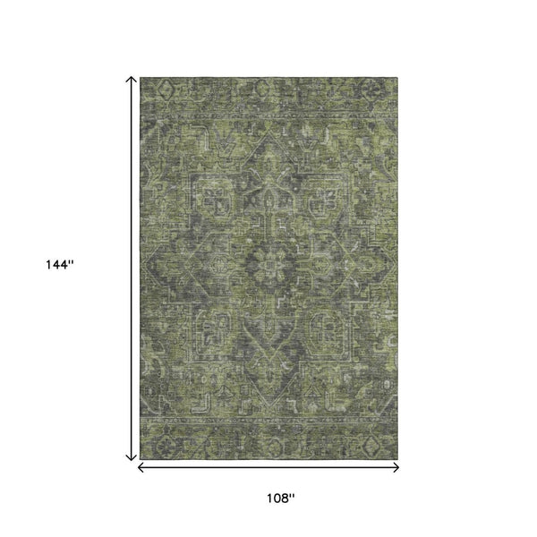 HomeRoots 9' X 12' Green And Gray Oriental Area Rug - Stylish, Washable, UV-Protected for Family-Friendly Spaces 649743