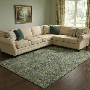 HomeRoots 9' X 12' Green And Gray Oriental Area Rug - Stylish, Washable, UV-Protected for Family-Friendly Spaces 649743