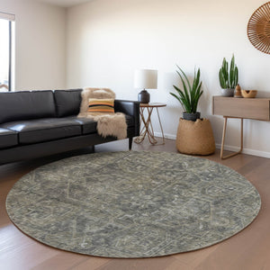 HomeRoots 8' Coffee and Gray Oriental Round Rug - Durable, Stain-Resistant, UV-Protected for Any Room Decor 649747