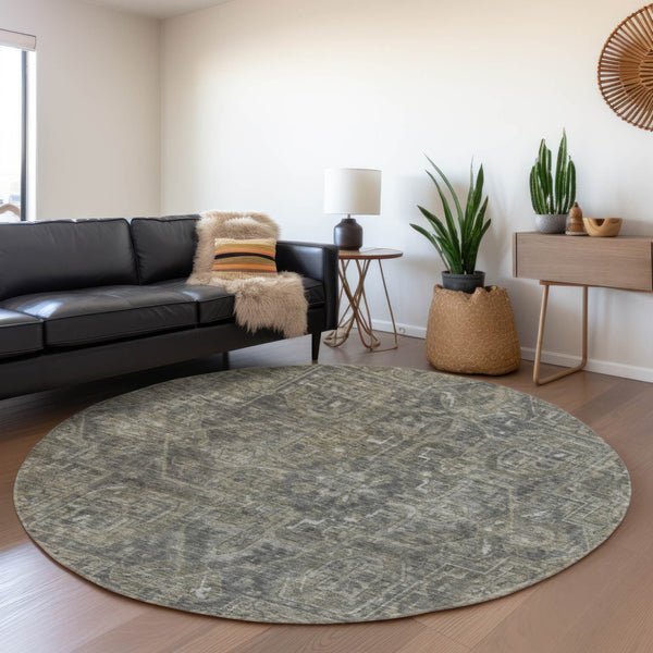 HomeRoots 8' Coffee and Gray Oriental Round Rug - Durable, Stain-Resistant, UV-Protected for Any Room Decor 649747