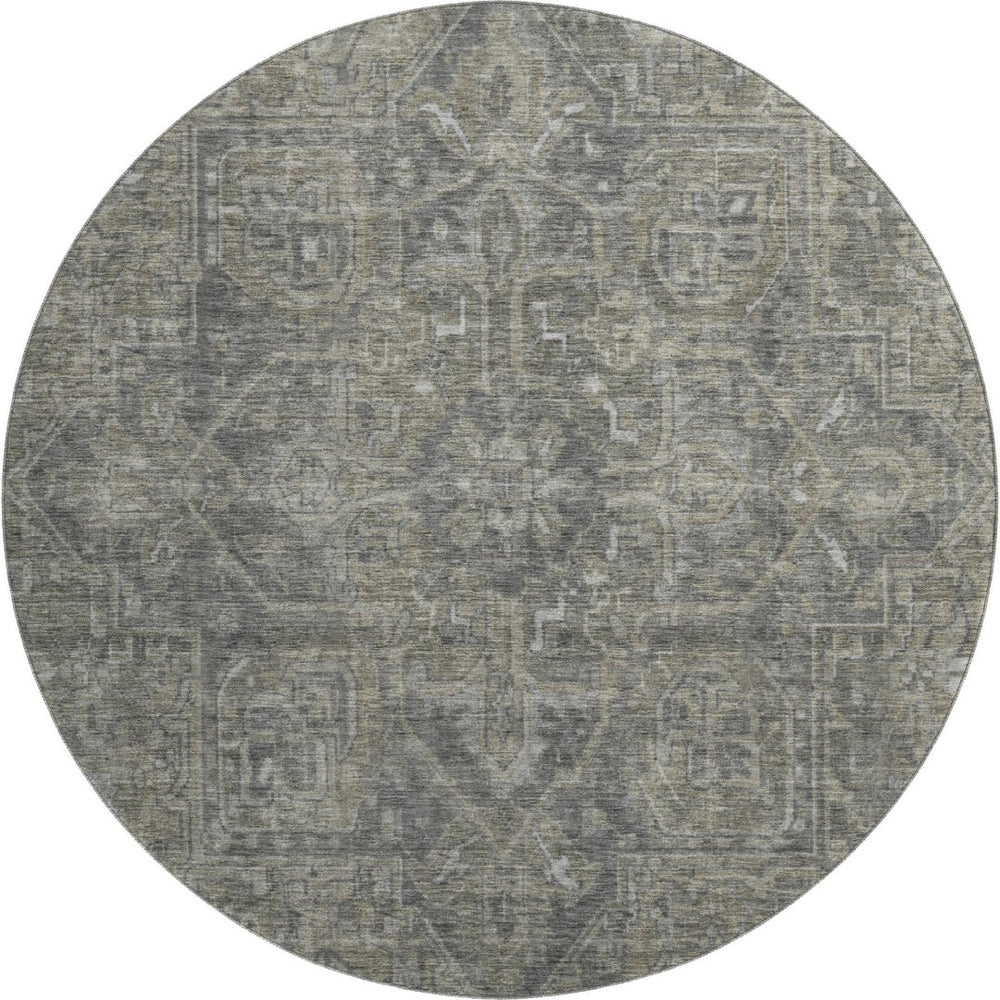 HomeRoots 8' Coffee and Gray Oriental Round Rug - Durable, Stain-Resistant, UV-Protected for Any Room Decor 649747