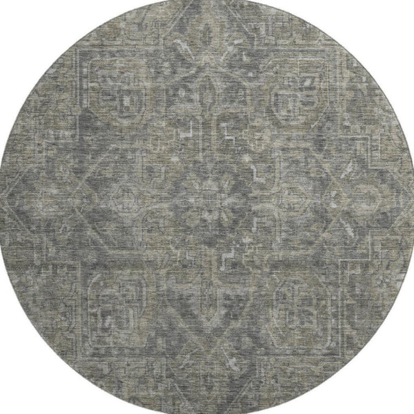 HomeRoots 8' Coffee and Gray Oriental Round Rug - Durable, Stain-Resistant, UV-Protected for Any Room Decor 649747