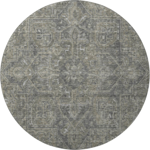 HomeRoots 8' Coffee and Gray Oriental Round Rug - Durable, Stain-Resistant, UV-Protected for Any Room Decor 649747