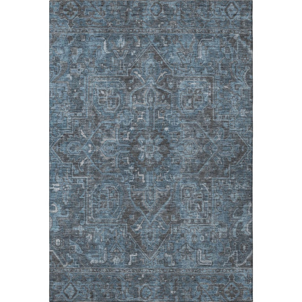 HomeRoots 5' Navy Blue & Gray Oriental Area Rug - Washable, UV Protected, Durable for Homes with Kids & Pets 649752