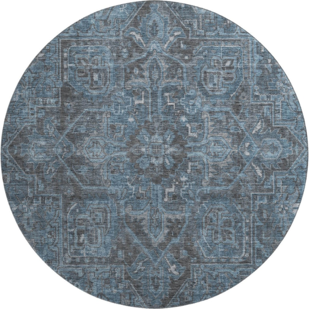 HomeRoots 8' Navy Blue and Gray Oriental Washable Round Rug - Durable, Stain-Resistant with UV Protection! 649753