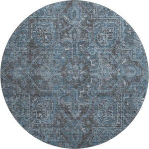 HomeRoots 8' Navy Blue and Gray Oriental Washable Round Rug - Durable, Stain-Resistant with UV Protection! 649753