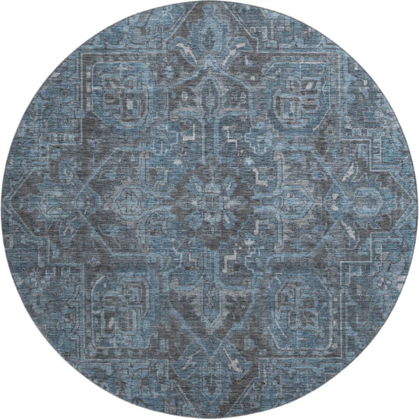 HomeRoots 8' Navy Blue and Gray Oriental Washable Round Rug - Durable, Stain-Resistant with UV Protection! 649753