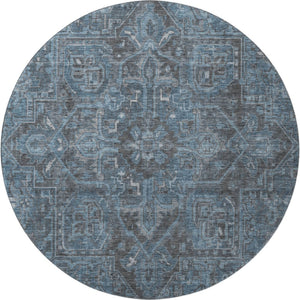 HomeRoots 8' Navy Blue and Gray Oriental Washable Round Rug - Durable, Stain-Resistant with UV Protection! 649753