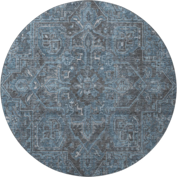 HomeRoots 8' Navy Blue and Gray Oriental Washable Round Rug - Durable, Stain-Resistant with UV Protection! 649753