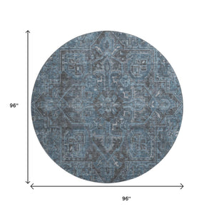 HomeRoots 8' Navy Blue and Gray Oriental Washable Round Rug - Durable, Stain-Resistant with UV Protection! 649753
