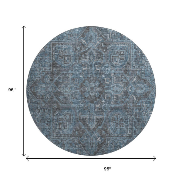HomeRoots 8' Navy Blue and Gray Oriental Washable Round Rug - Durable, Stain-Resistant with UV Protection! 649753