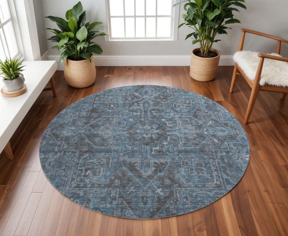 HomeRoots 8' Navy Blue and Gray Oriental Washable Round Rug - Durable, Stain-Resistant with UV Protection! 649753