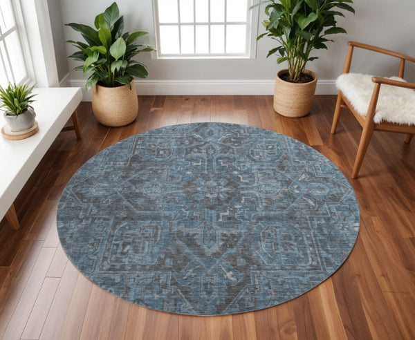 HomeRoots 8' Navy Blue and Gray Oriental Washable Round Rug - Durable, Stain-Resistant with UV Protection! 649753