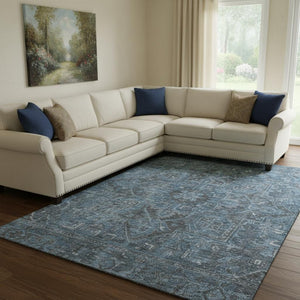 HomeRoots 8' X 10' Navy Blue & Gray Oriental Washable Area Rug - Durable, Stain-Resistant & UV Protected! 649754