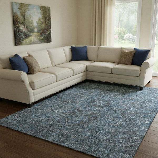 HomeRoots 8' X 10' Navy Blue & Gray Oriental Washable Area Rug - Durable, Stain-Resistant & UV Protected! 649754