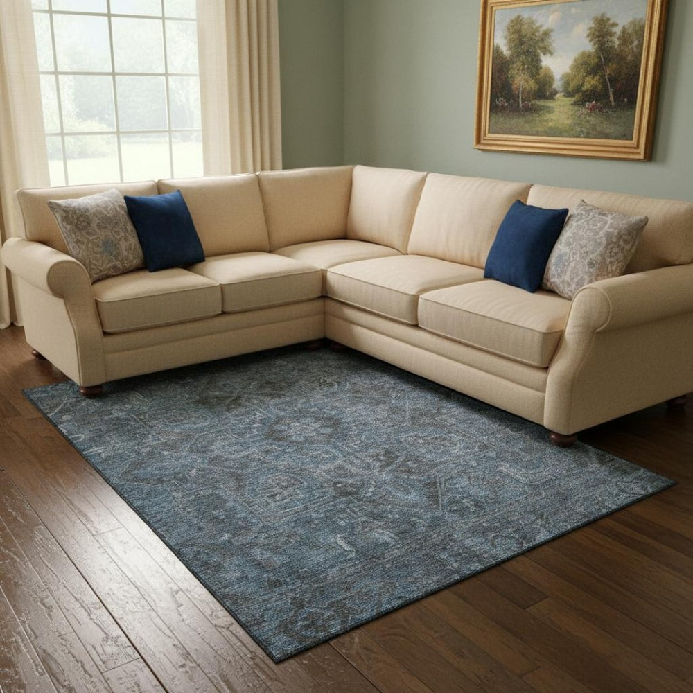 HomeRoots 9' X 12' Navy Blue and Gray Oriental Area Rug – Stylish, Washable, UV Protected for Busy Homes! 649755