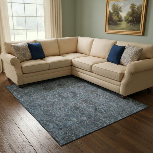 HomeRoots 9' X 12' Navy Blue and Gray Oriental Area Rug – Stylish, Washable, UV Protected for Busy Homes! 649755