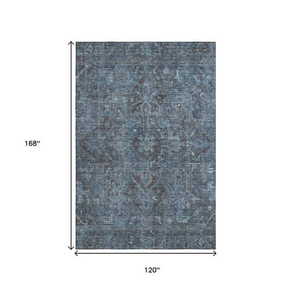 HomeRoots 10' X 14' Navy Blue & Gray Oriental Area Rug - Washable, UV-Protected, Elegant & Durable Design 649756