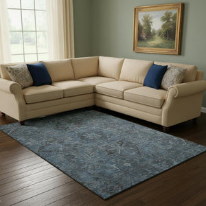 HomeRoots 10' X 14' Navy Blue & Gray Oriental Area Rug - Washable, UV-Protected, Elegant & Durable Design 649756