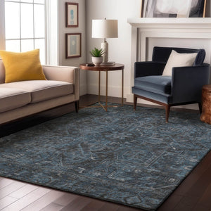 HomeRoots 10' X 14' Navy Blue & Gray Oriental Area Rug - Washable, UV-Protected, Elegant & Durable Design 649756