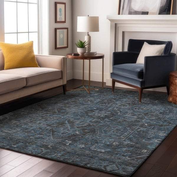 HomeRoots 10' X 14' Navy Blue & Gray Oriental Area Rug - Washable, UV-Protected, Elegant & Durable Design 649756