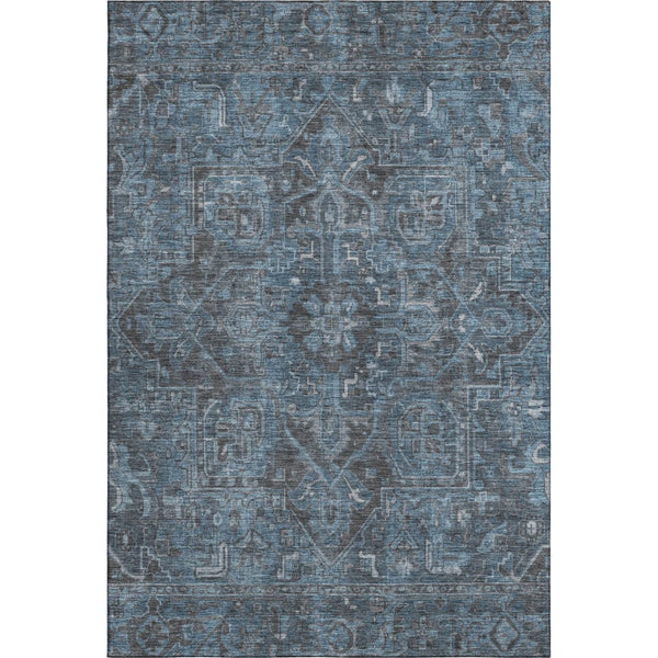 HomeRoots 10' X 14' Navy Blue & Gray Oriental Area Rug - Washable, UV-Protected, Elegant & Durable Design 649756