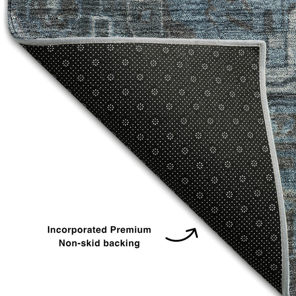 HomeRoots 10' X 14' Navy Blue & Gray Oriental Area Rug - Washable, UV-Protected, Elegant & Durable Design 649756