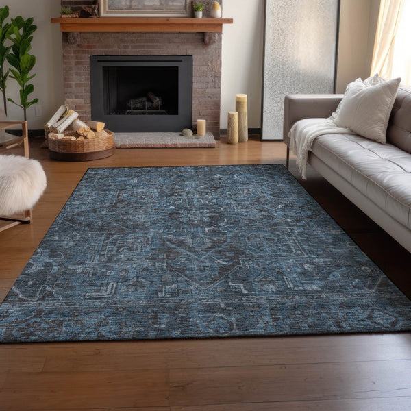 HomeRoots 10' X 14' Navy Blue & Gray Oriental Area Rug - Washable, UV-Protected, Elegant & Durable Design 649756