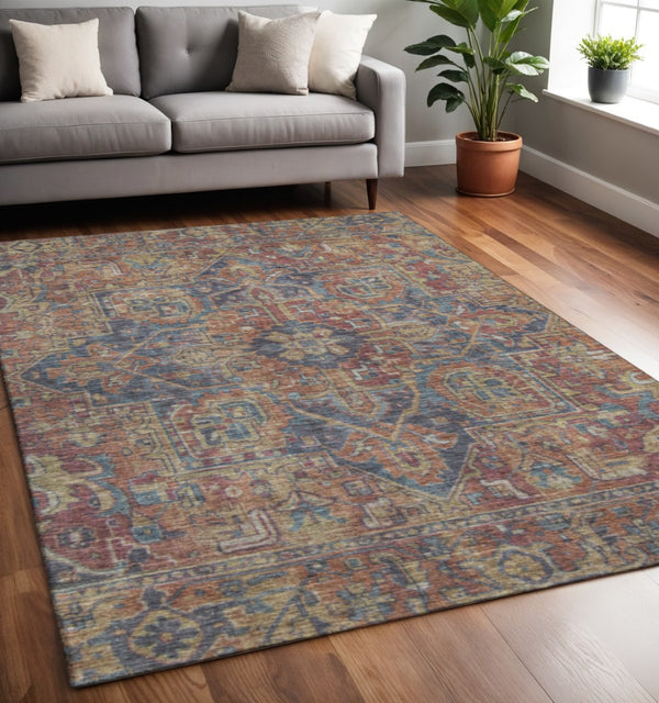 HomeRoots 5' X 8' Red And Blue Oriental Area Rug - Washable, UV Protected, Stain-Resistant for Every Room! 649758