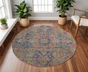 HomeRoots 8' Red and Blue Oriental Round Rug - Stylish, Washable, UV-Protected for Kids, Pets, and Home Use 649759