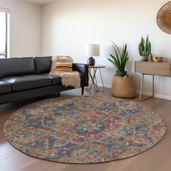 HomeRoots 8' Red and Blue Oriental Round Rug - Stylish, Washable, UV-Protected for Kids, Pets, and Home Use 649759