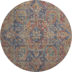 HomeRoots 8' Red and Blue Oriental Round Rug - Stylish, Washable, UV-Protected for Kids, Pets, and Home Use 649759