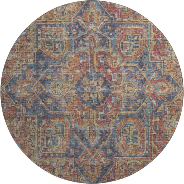 HomeRoots 8' Red and Blue Oriental Round Rug - Stylish, Washable, UV-Protected for Kids, Pets, and Home Use 649759